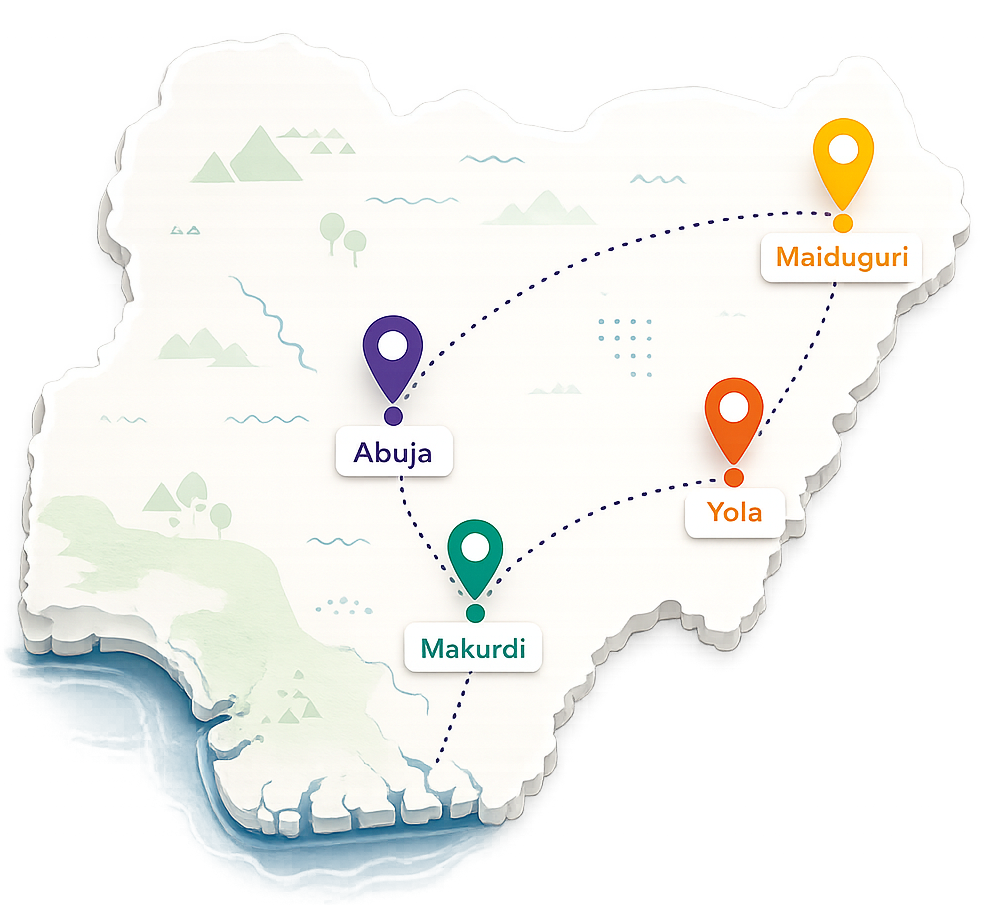 Map of Nigeria showing four pilot cities